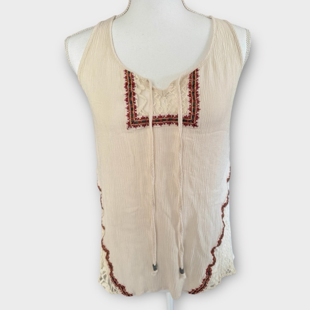 Daytrip Cream and Red Embroidered Tank Top
